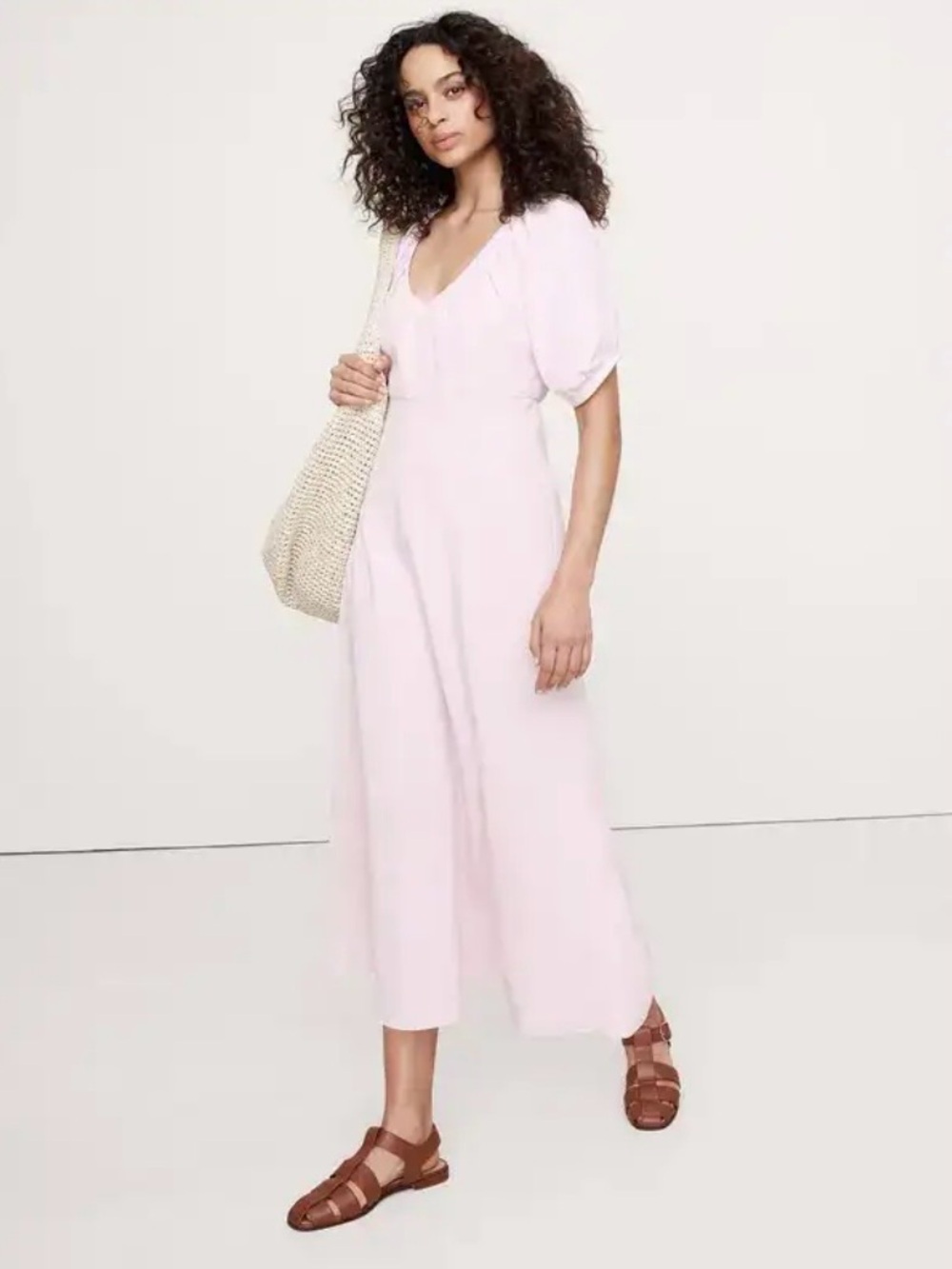 NWT Banana Republic Linen Blend Pouf Sleeve Midi Dress in Pink